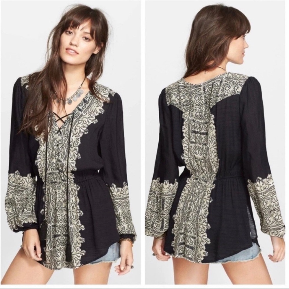 Free People Women's Wildest Moment Black Tunic Top Long Sleeve